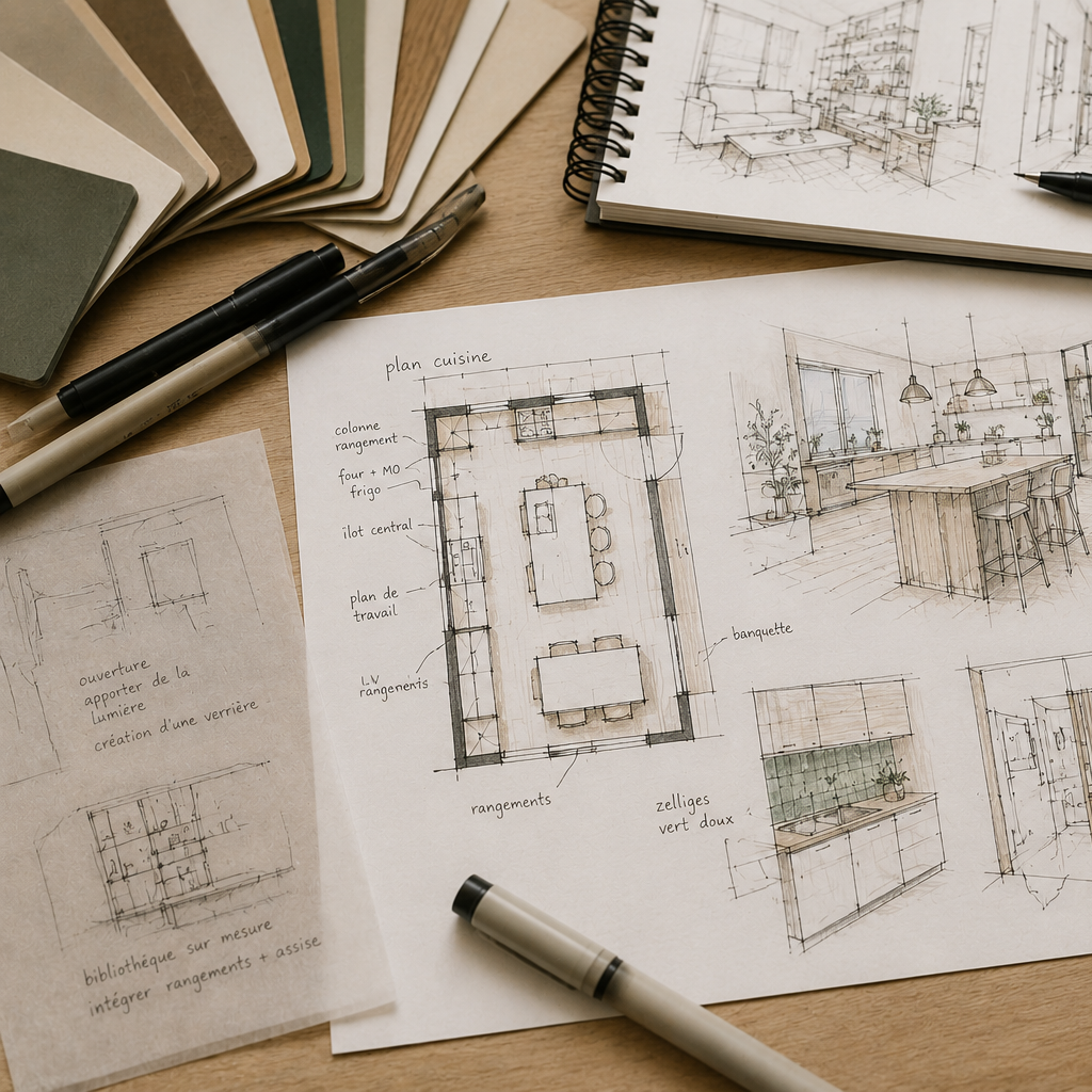Plans architecturaux et esquisses d'intérieur pour la conception d'une maison ou d'une cuisine, avec des notes et échantillons de couleurs.