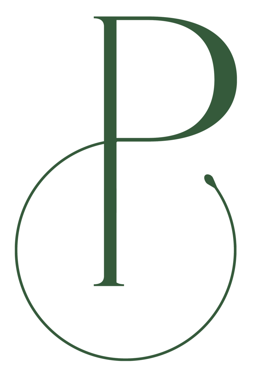 Une grande lettre 'P' stylisée en vert foncé avec un cercle en dessous, sur fond noir.