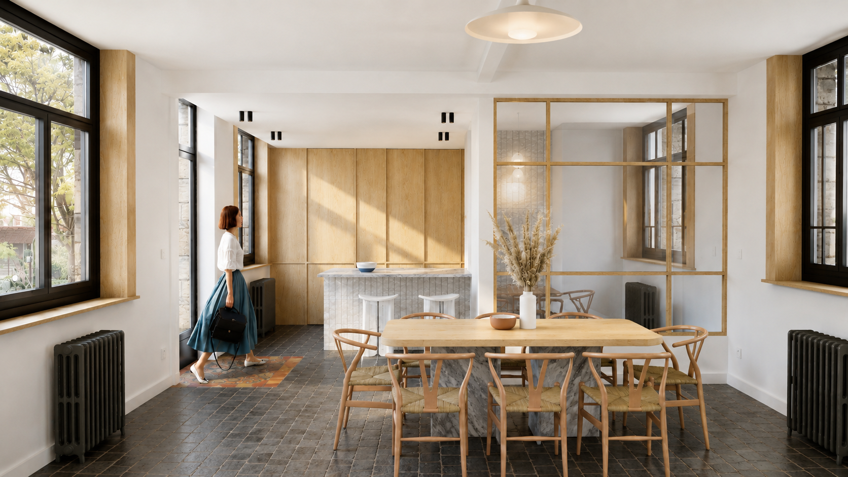 Perspective 3D d'une salle à manger avec cuisine ouverte, verrière en chêne et mobilier sur mesure.
