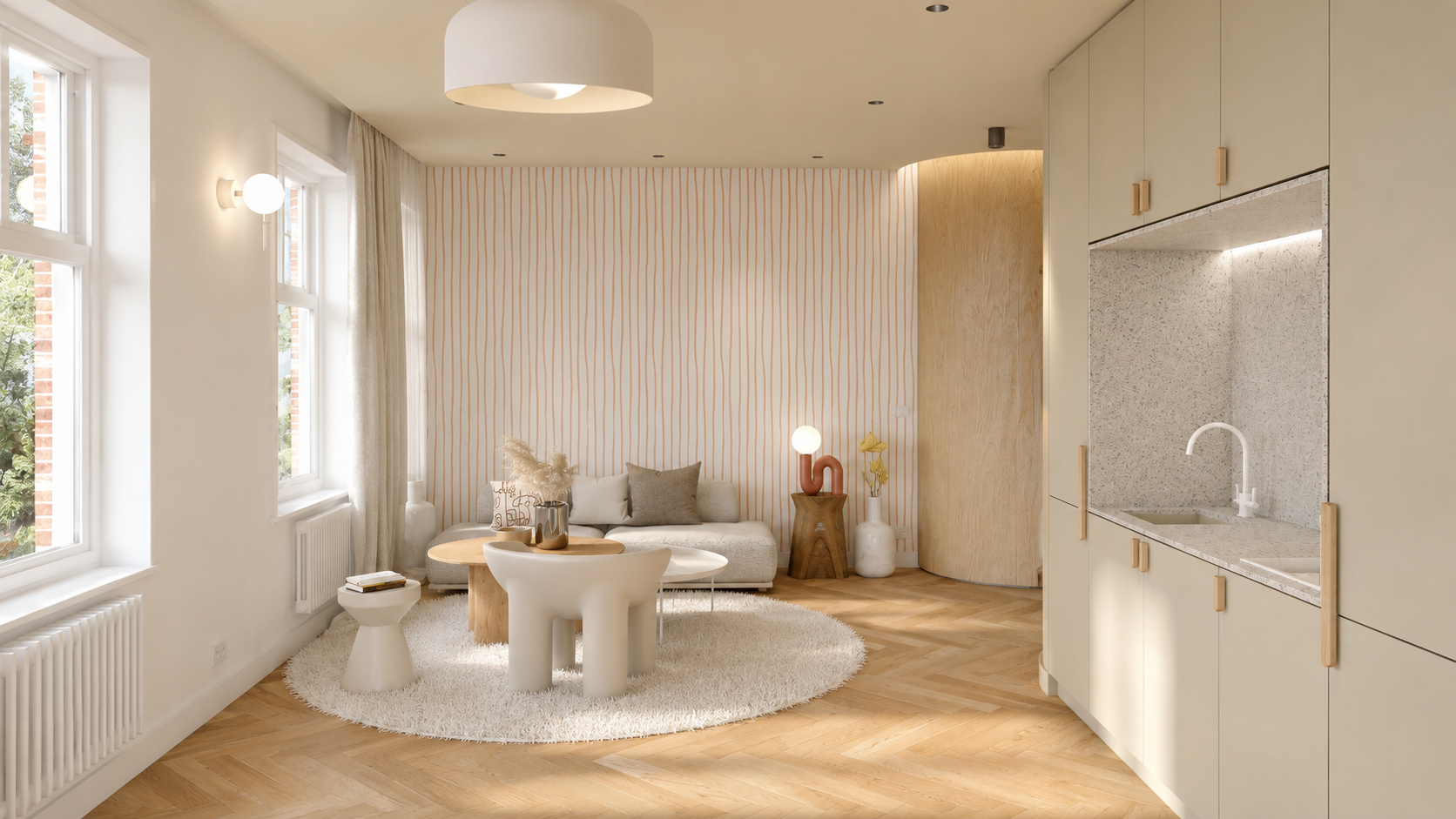 Perspective 3D d'un salon contemporain avec mobilier sur mesure, cuisine dissimulée et espaces lumineux.