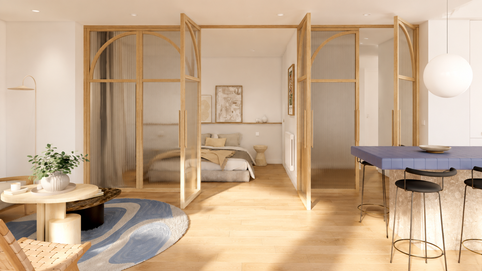Perspective 3D d'un studio avec verrières en chêne, cuisine ouverte et chambre séparée.