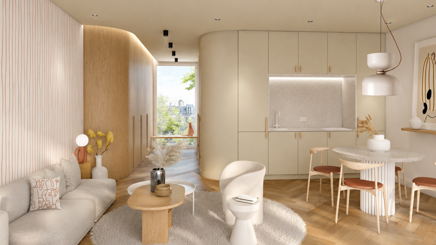 Perspective 3D d'une cuisine intégrée avec mobilier courbe, rangements sur mesure et parquet en point de Hongrie.