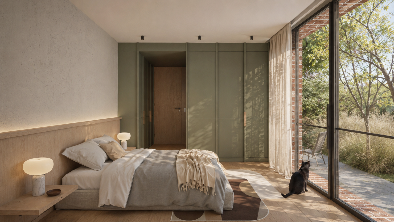 Perspective 3D d'une chambre avec dressing intégré et grande baie vitrée ouverte sur le jardin.