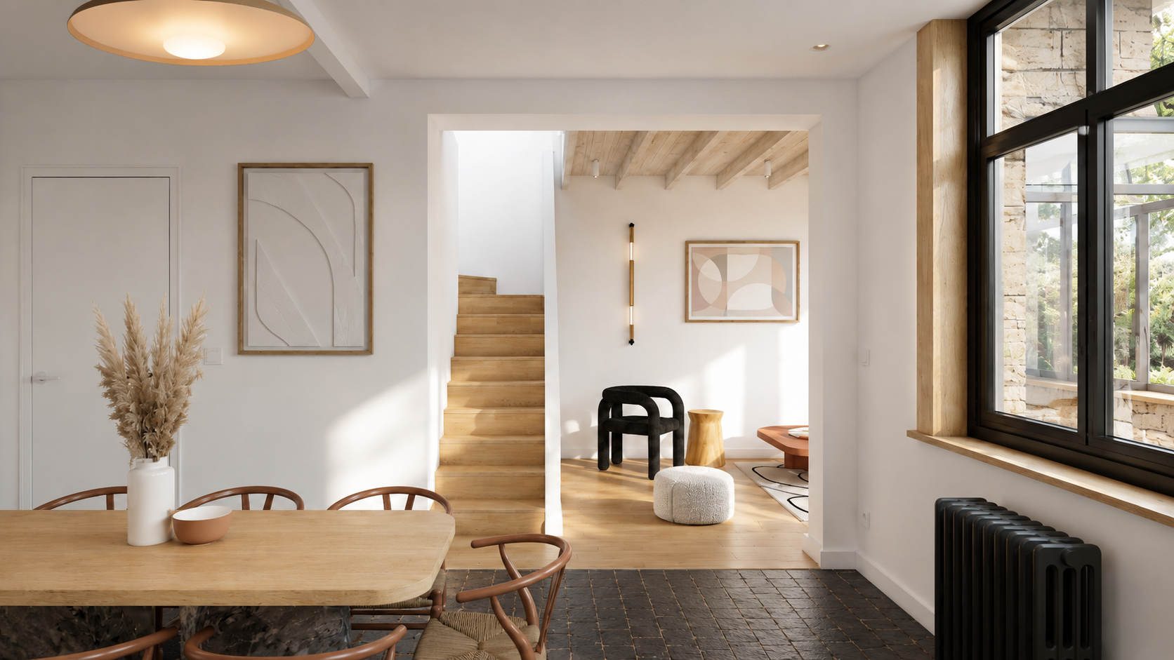 Perspective 3D d'une salle à manger contemporaine avec parquet en chêne et escalier ouvert.