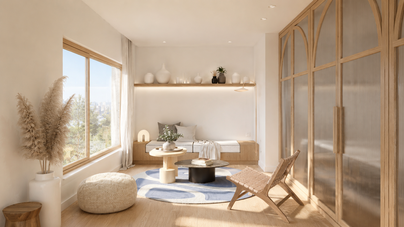 Perspective 3D d'un espace de vie lumineux avec verrière en chêne et coin salon.