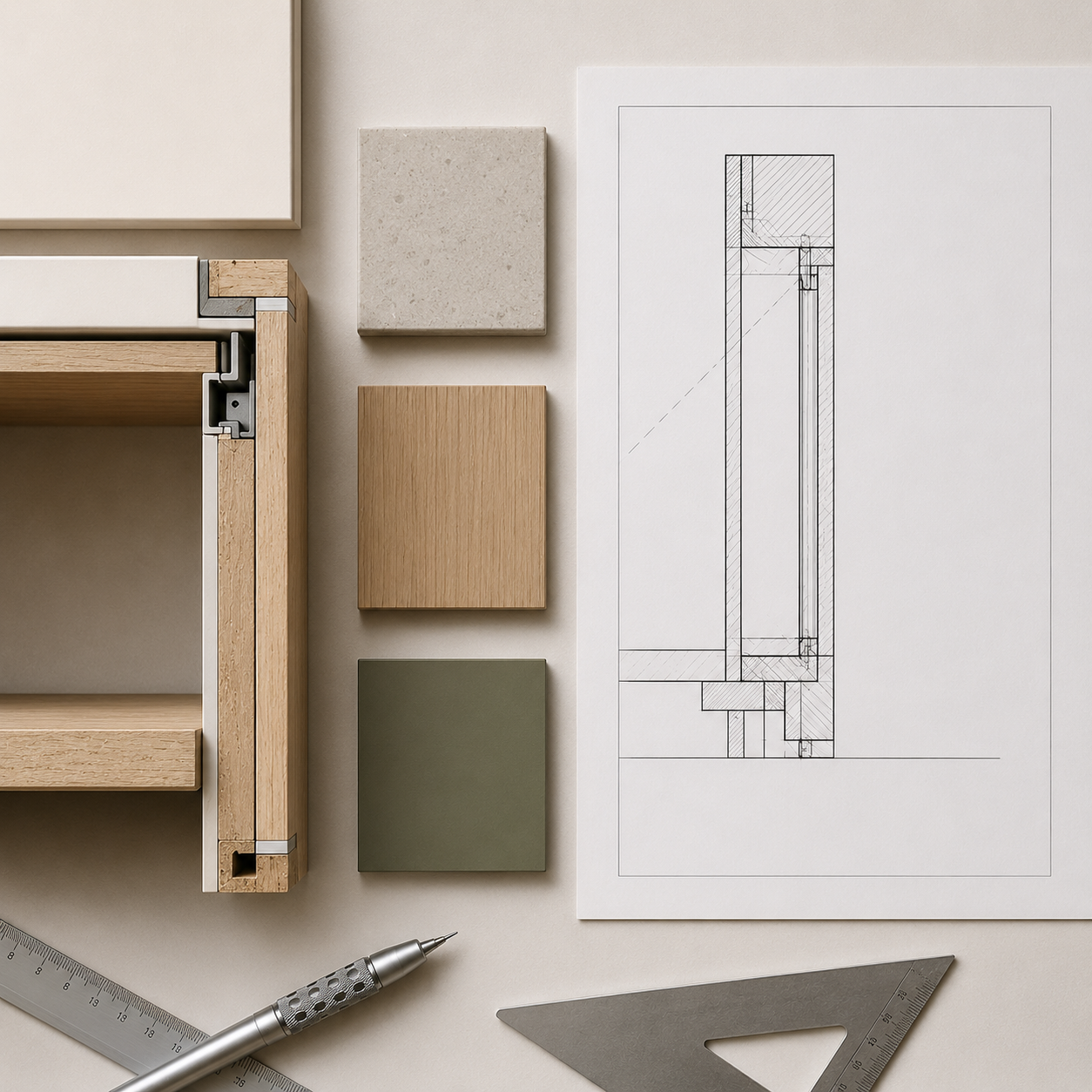 Matériaux de conception d'intérieur, plan d'architecte, échantillons de bois, pierre, couleur, règle, stylo, à côté d'une partie de meuble en bois.