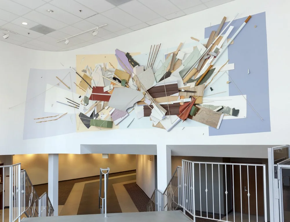'Stage Presents'
264 x 144 x 18in Acrylic, drywall, foam, wood, laminate, aluminum, plexiglass, fabric, rubber, and plastic on wall (Installation at Penn State University). 2016