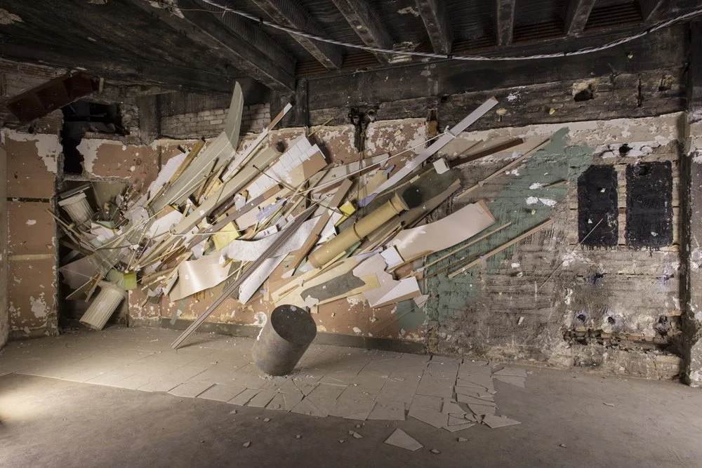 'Hold Still'
17 X 11 X 7 FT Acrylic, plaster, wood, plexiglass, foam, nails, laminate, rope, drywall, aluminum, linoleum, and plastic in the old Morton Hotel Basement. 2014

