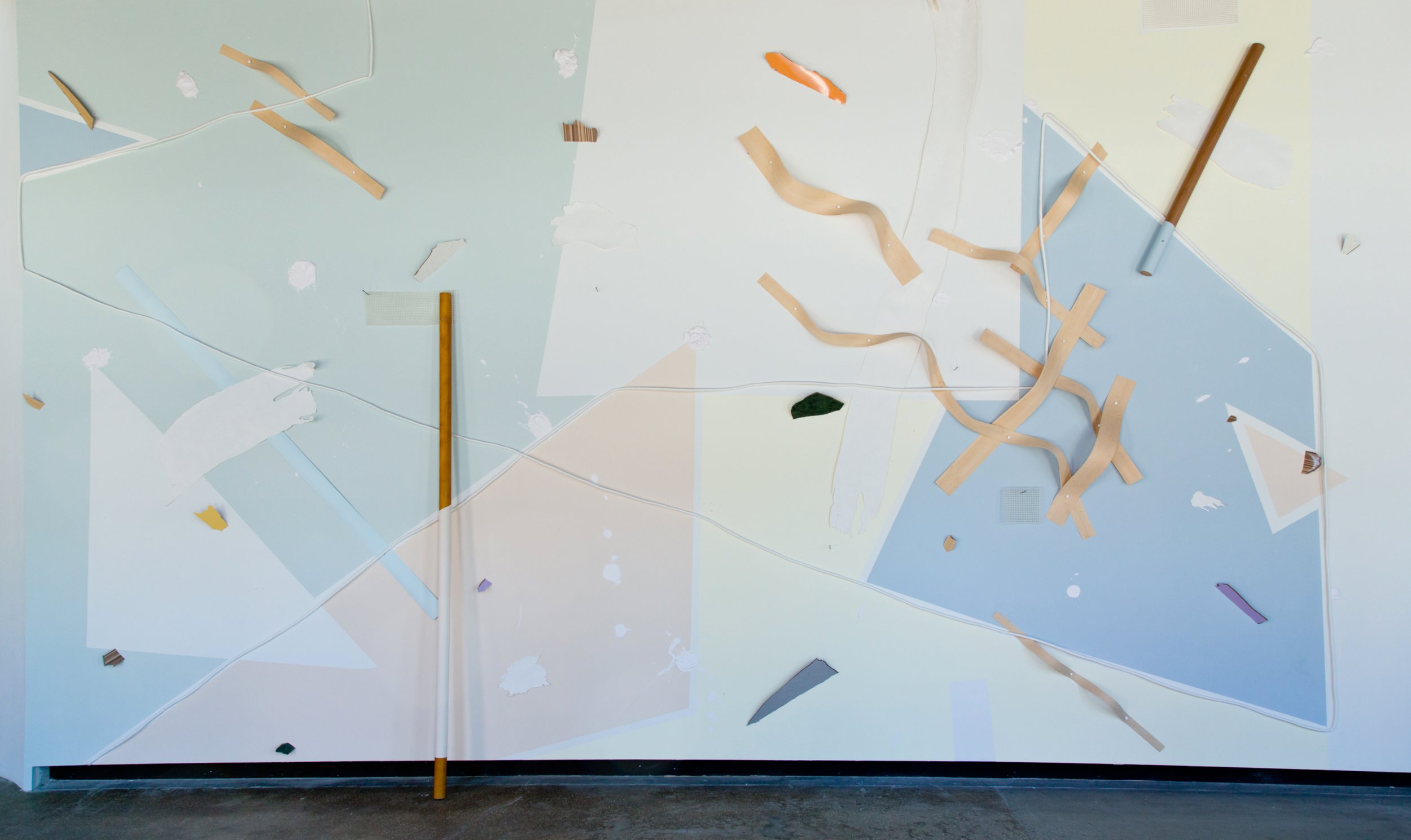 'Bleach in the Eyes'
228 x 156 x 8in Acrylic, cotton rope, laminate, wood, rubber, plaster, and paper on wall. Installation at Knockdown Center (Queens, NY). 2015