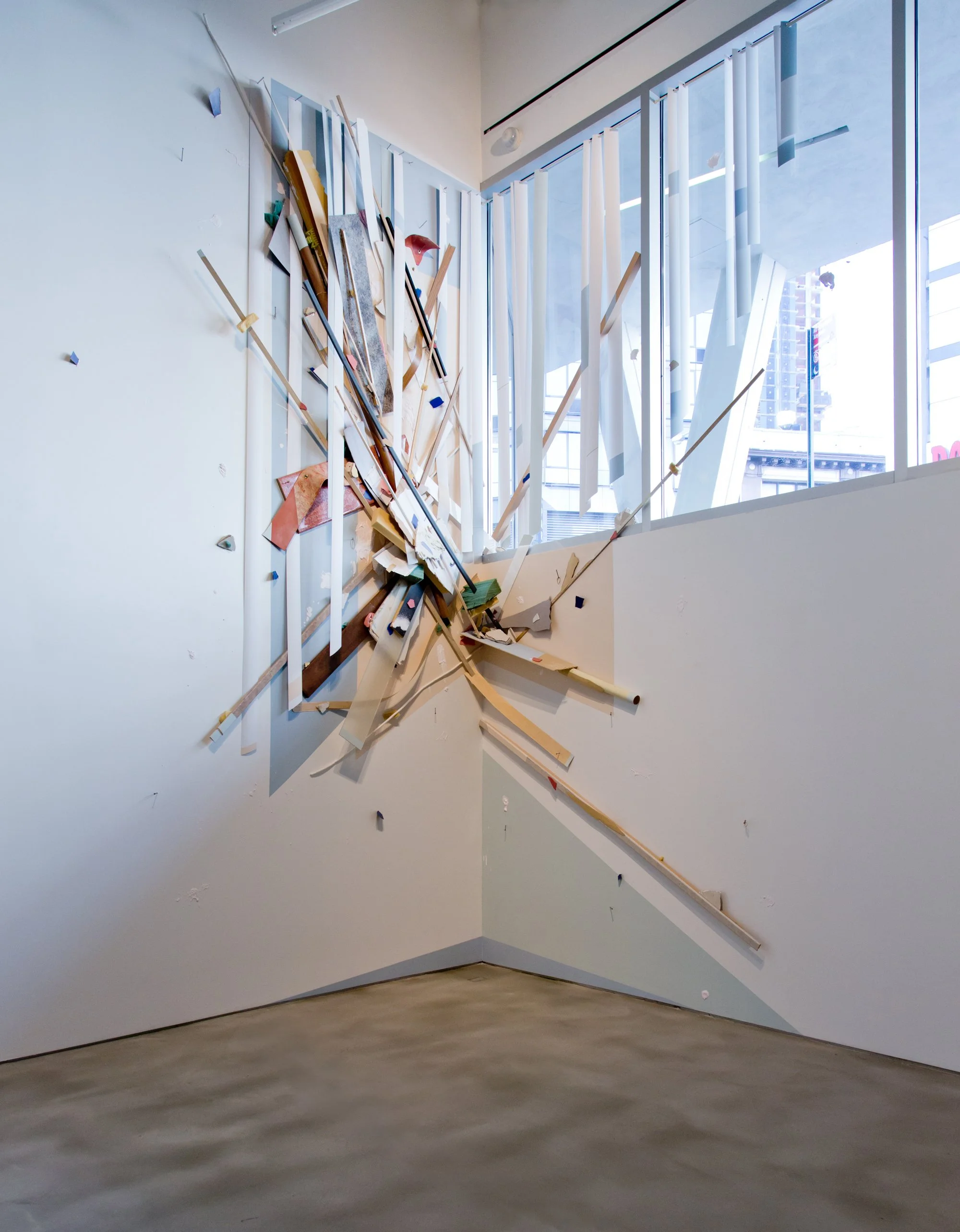 'Blind Driver'
192 x 204 x 14in Acrylic, laminate, wood, plaster, linoleum, rubber, vertical blinds, nails, drywall, foam, rope, and plastic on wall. 2015