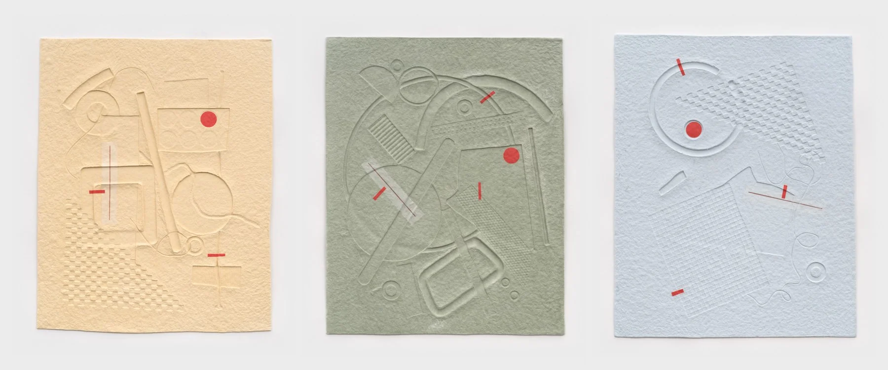 'Embossed Triptych (Green, Blue, Yellow)'
15.5 x 19.5in
Embossed cotton, found paper collage, and marker
2024