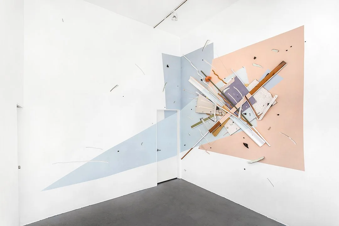 'Broadcast', 264 x 156 x 22in Acrylic, wood, ceiling tiles, foam, drywall, plexiglass, nails, laminate, rocks, and plastic on wall. (Locust Projects, Miami) 2016.
