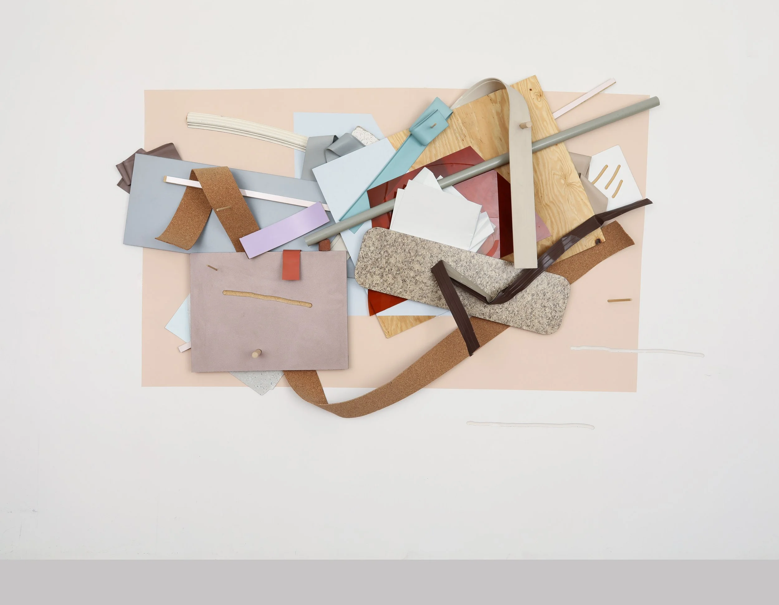 'Scattered Structure', 144 x 192 x 7in, Acrylic, wood, plexiglass, aluminum, laminate, ruber, cork, and ceiling tiles. 2021.
