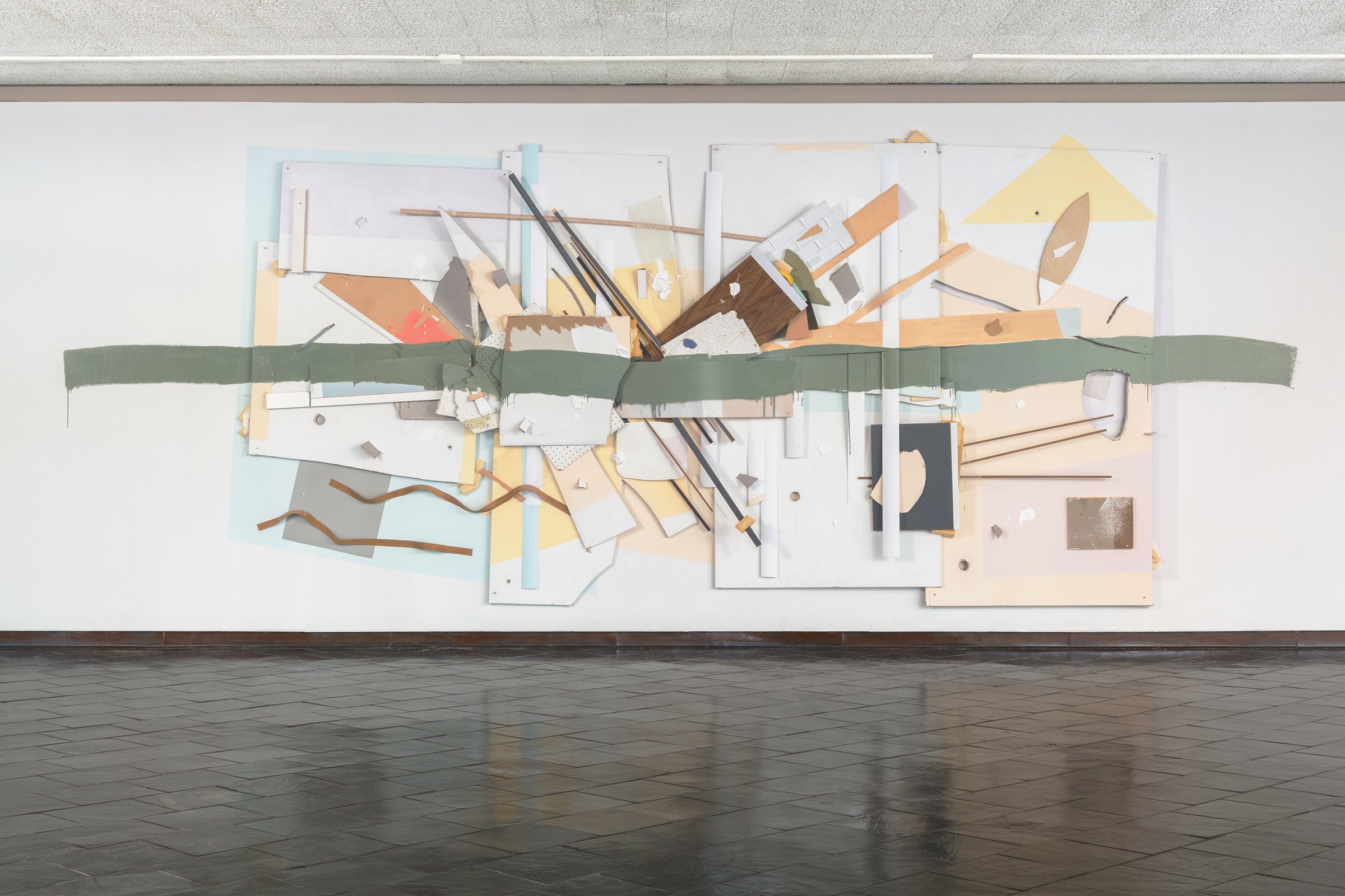 'Take Out'
264 x 108 x 7in Acrylic, wood, drywall, laminate, plexiglass, foam, plastic, plaster, and nails on wall. 2016