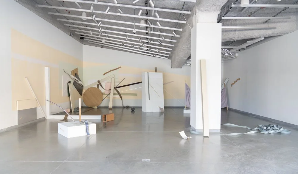 'Standing Arrangement' Installation View. Wood, drywall, laminate, rubber, plastic, marble, concrete, fabric, glass, rope, aluminum, fiberglass, and acrylic. 2019.
