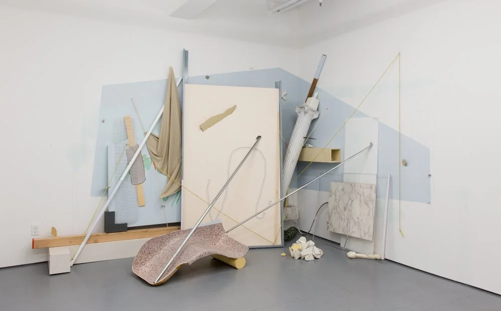'Casualties', 144 x 96 x 108in Wood, acrylic, foam, rope, drywall, plaster, plastic, fiberglass, fabric, laminate, aluminum, rawhide bone, and nails on wall. 2016.