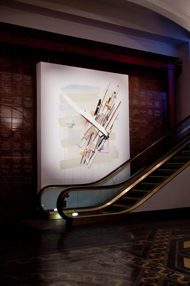 'Skewer Shower'
9x15 FT Acrylic, plaster, wood, drywall, linoleum, foam, nails, laminate, rubber bands, plastic, and vertical blinds on stretched canvas over panel (Installation at the Brooklyn Academy of Music). 2014
