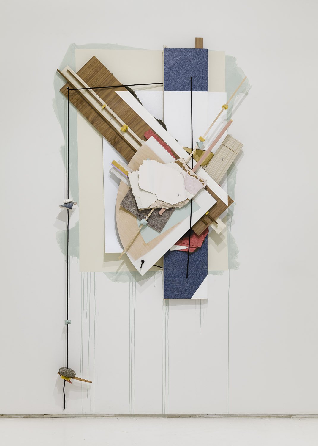 'Holding Arms'
90 x 48in Wood, laminate, drywall, acrylic, foam, plastic, rope, rock, and hair tie on wall. 2014