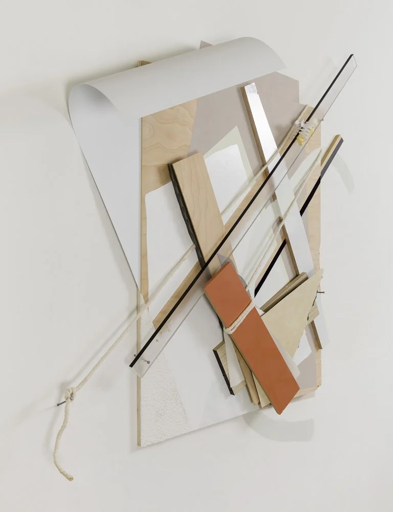 'Bound Arrangement'
60 x 63 x 6in Wood, plexiglass, cotton rope, laminate, foam, nails, acrylic, and hair clip on wall. 2013