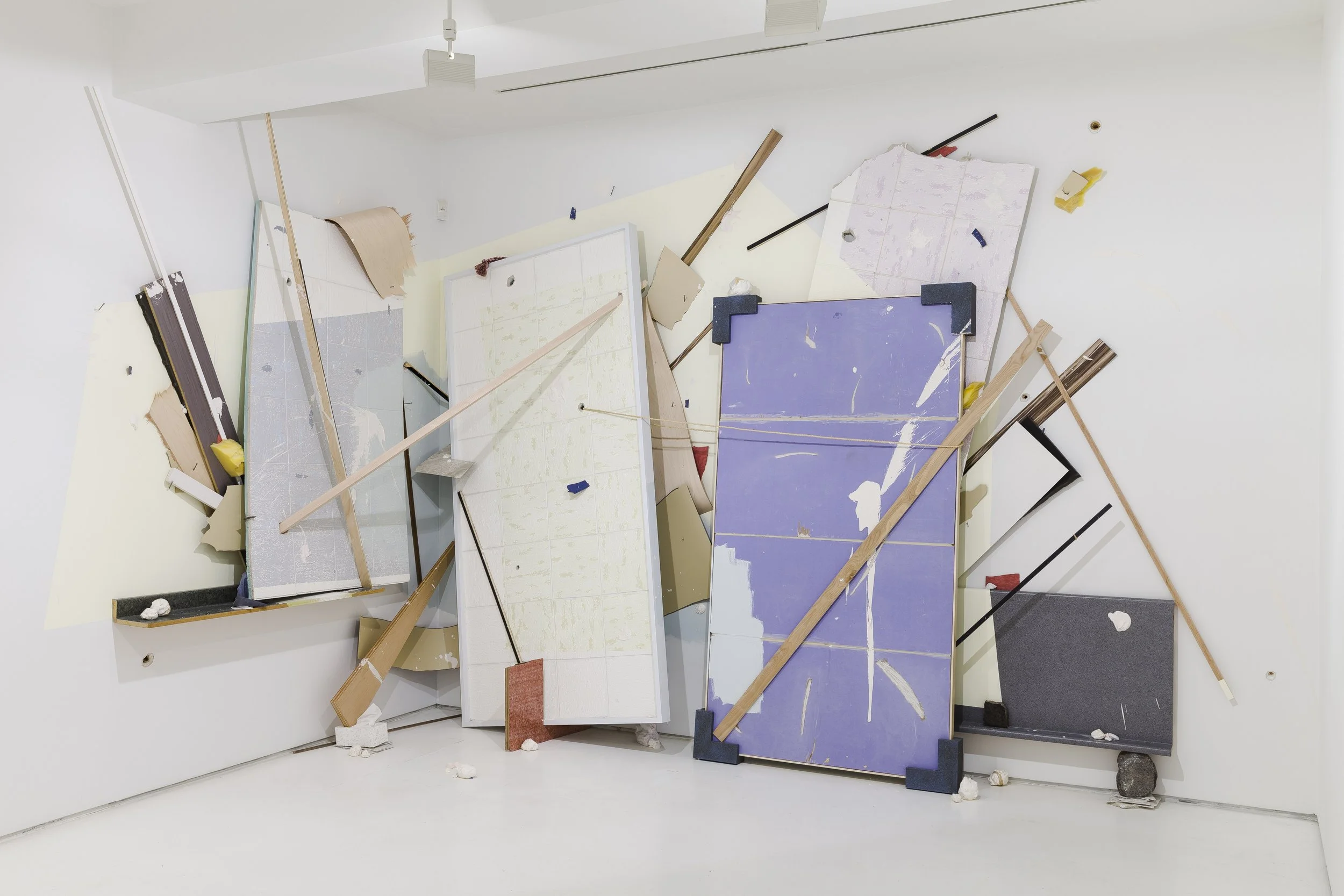 'Faded Fight'
126 x 174 x 60in Wood, foam, laminate, linoleum, aluminum, plaster, acrylic, drywall, ceiling tiles, rope, and nails on wall. 2014