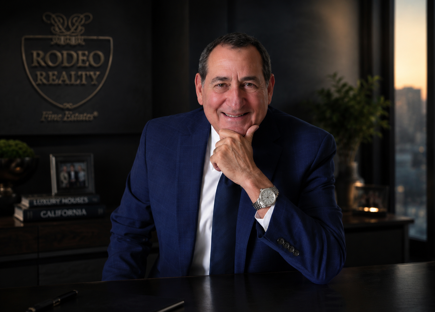 A man in a dark blue suit and white shirt sits at a desk, smiling, with a cityscape visible through the window behind him. There is a logo for Rodeo Realty on the wall behind him.