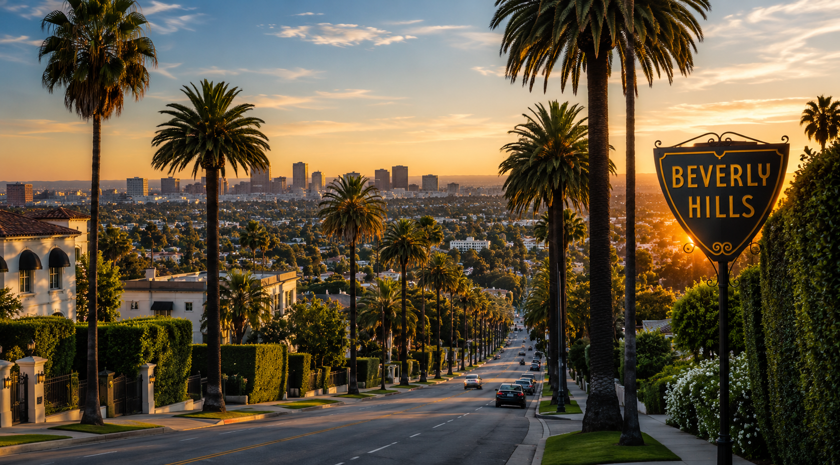 Sunset view of Beverly Hills with palm trees lining the street, luxury houses, and the city skyline in the background.