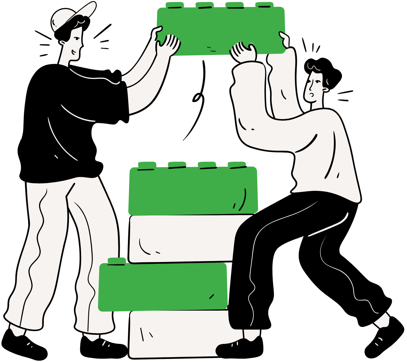 Two people building a tower with large green and white blocks.
