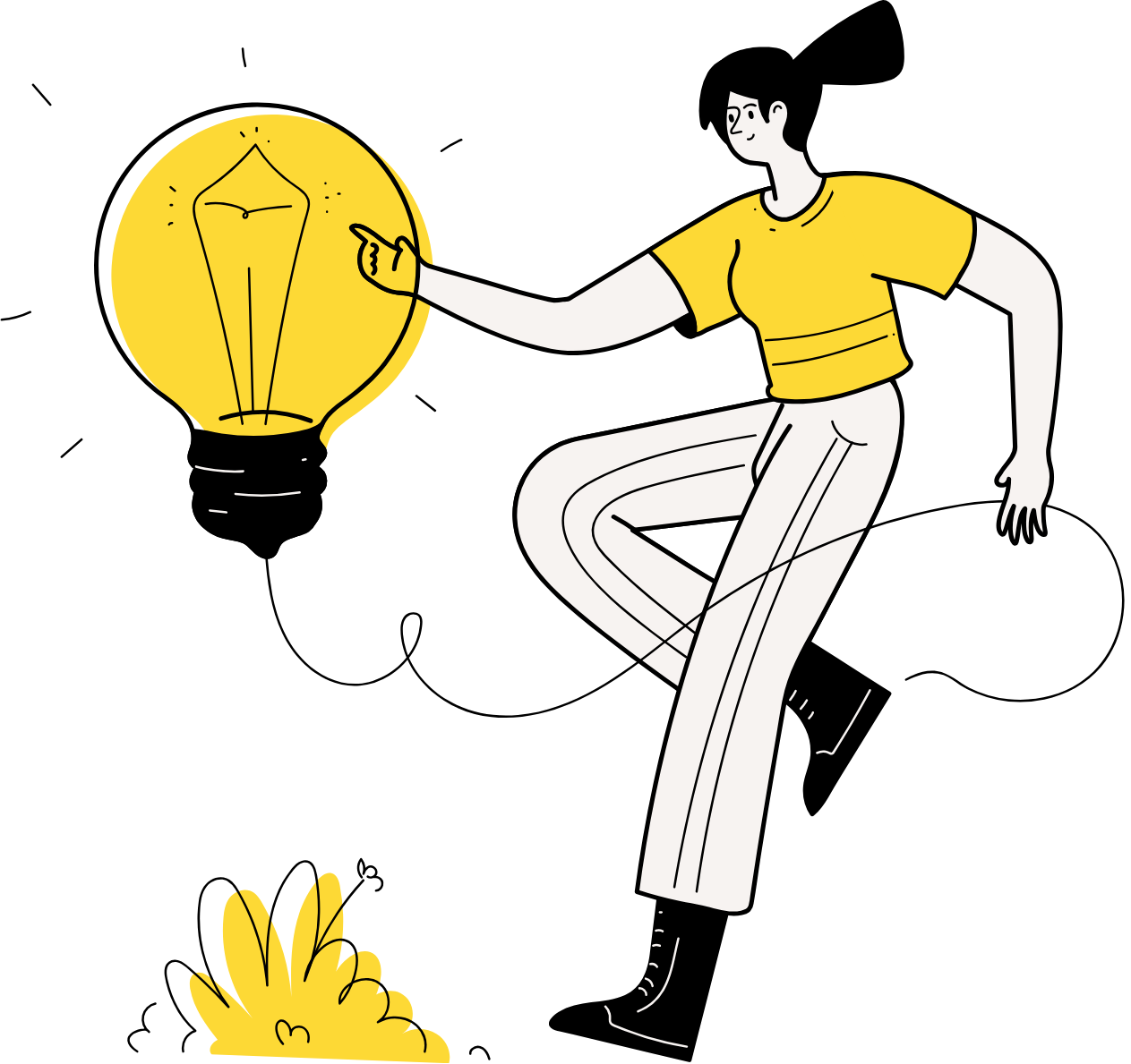 Illustration of a person with a yellow shirt and white striped pants balancing on one foot, touching a large yellow light bulb with a plant at the base.