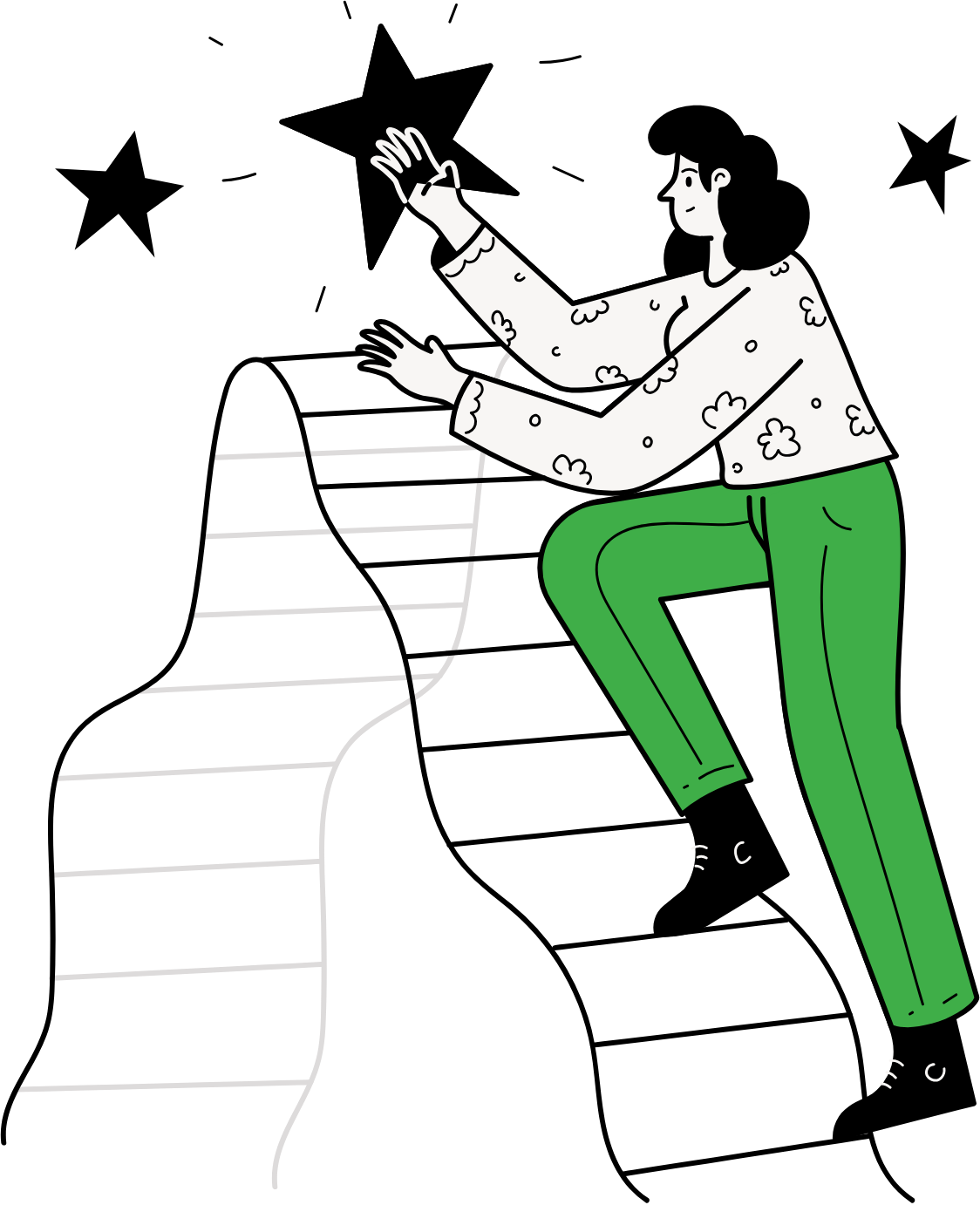 A person with a patterned shirt and green pants is climbing a ladder.