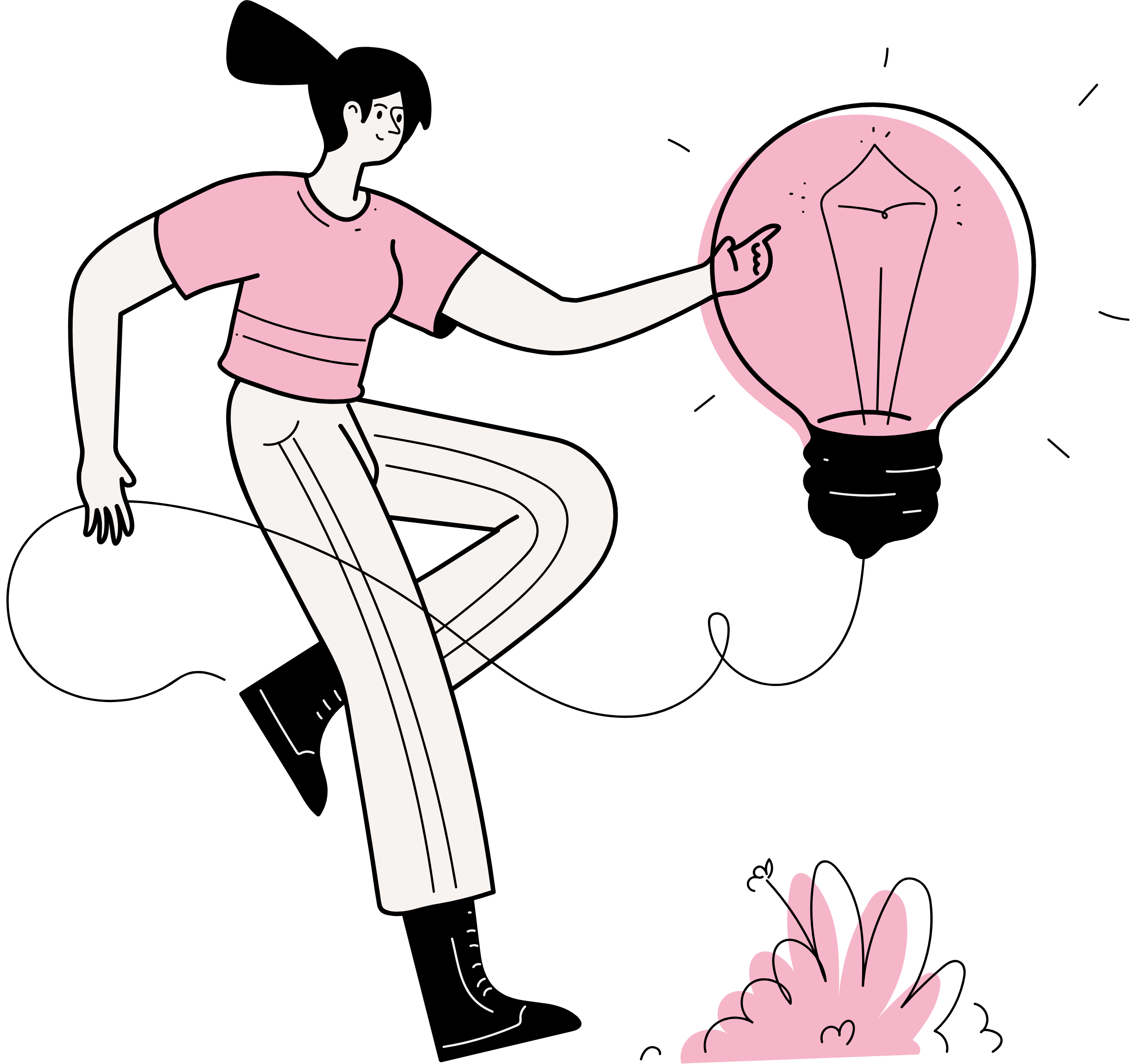 Illustration of a woman sitting and holding a small pink light bulb-shaped plant in a pot, with a larger pink light bulb-shaped plant nearby, against a black background.