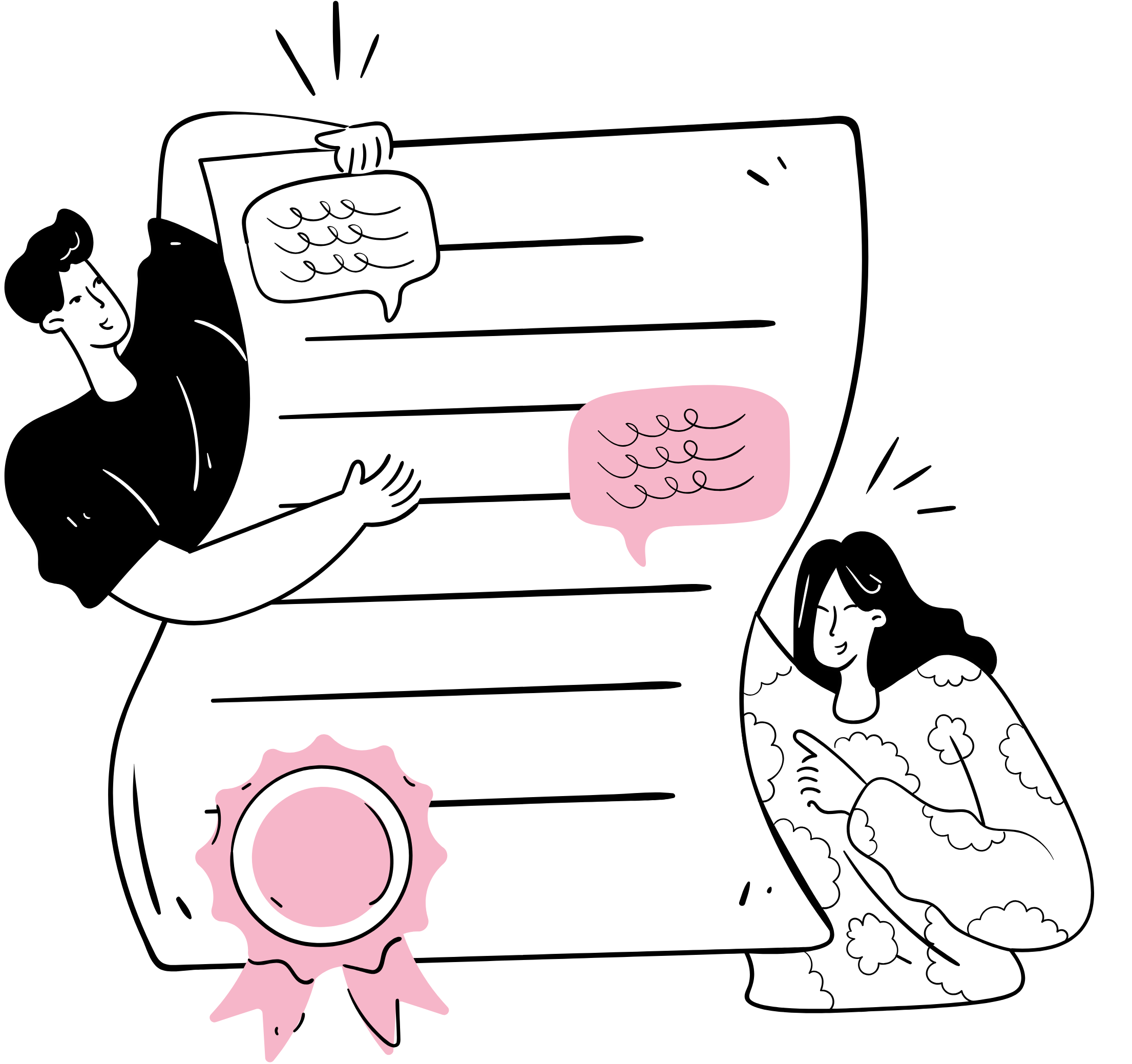 Black and white illustration of a woman holding a large speech bubble with scribbled lines, accompanied by two children looking at the speech bubble, one girl with long hair and a girl with short hair and clouds on her shirt.