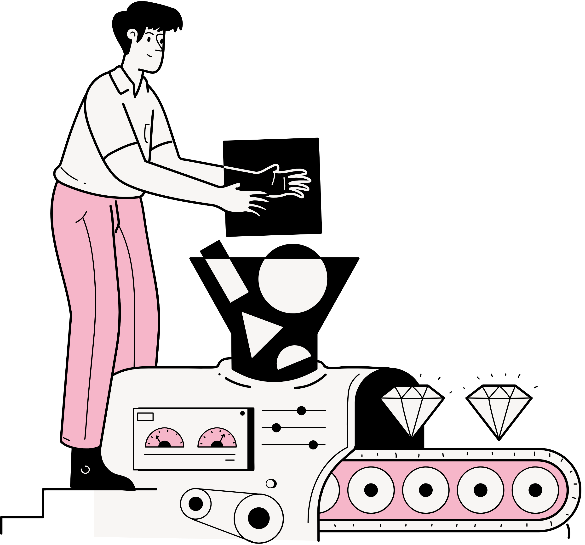 A stylized drawing of a person with black hair, wearing a white shirt and pink pants, using a laptop, with a keyboard and diamond illustrations underneath.
