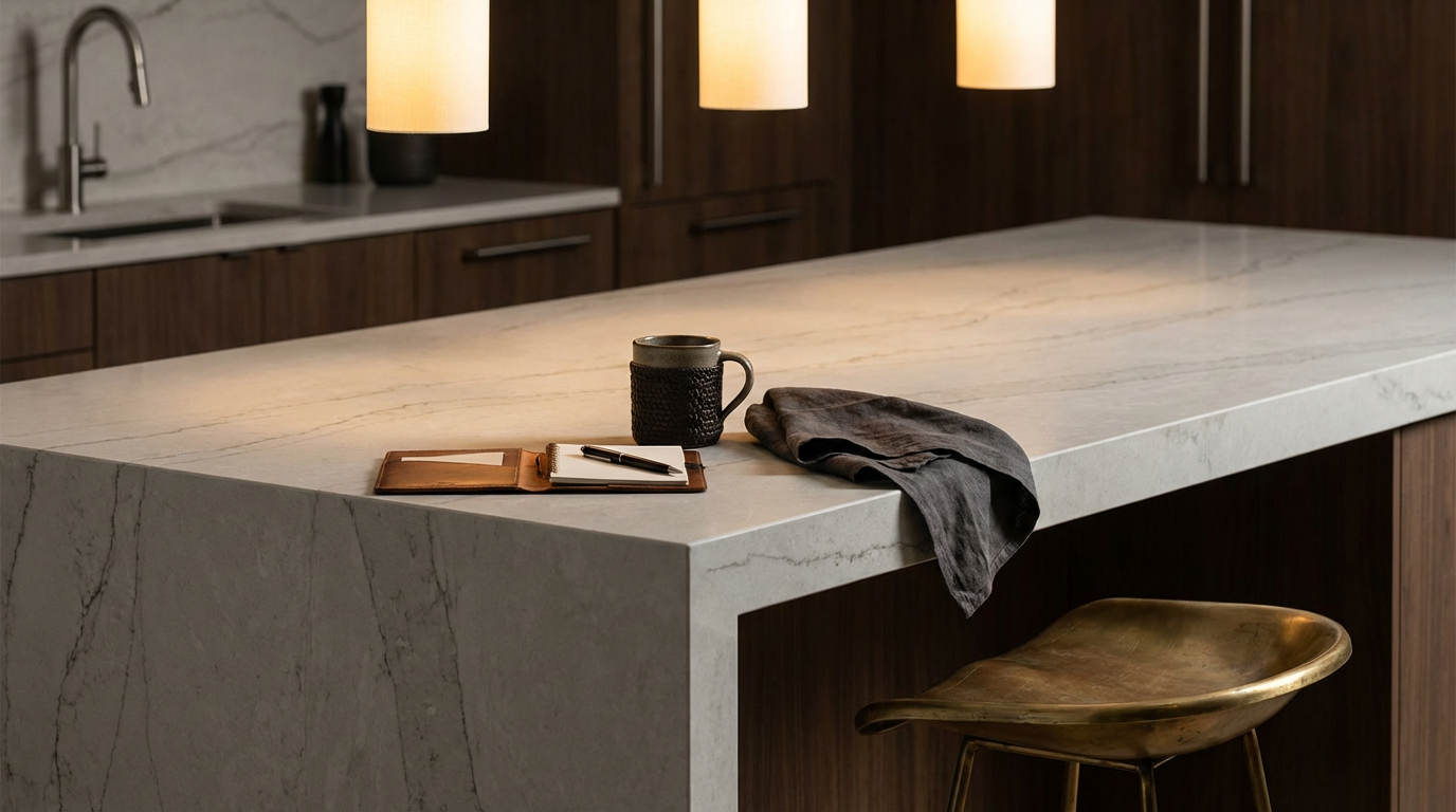 Mesa de cocina moderna de mármol con taza, cuaderno, pluma y paño de cocina, en una cocina con gabinetes de madera