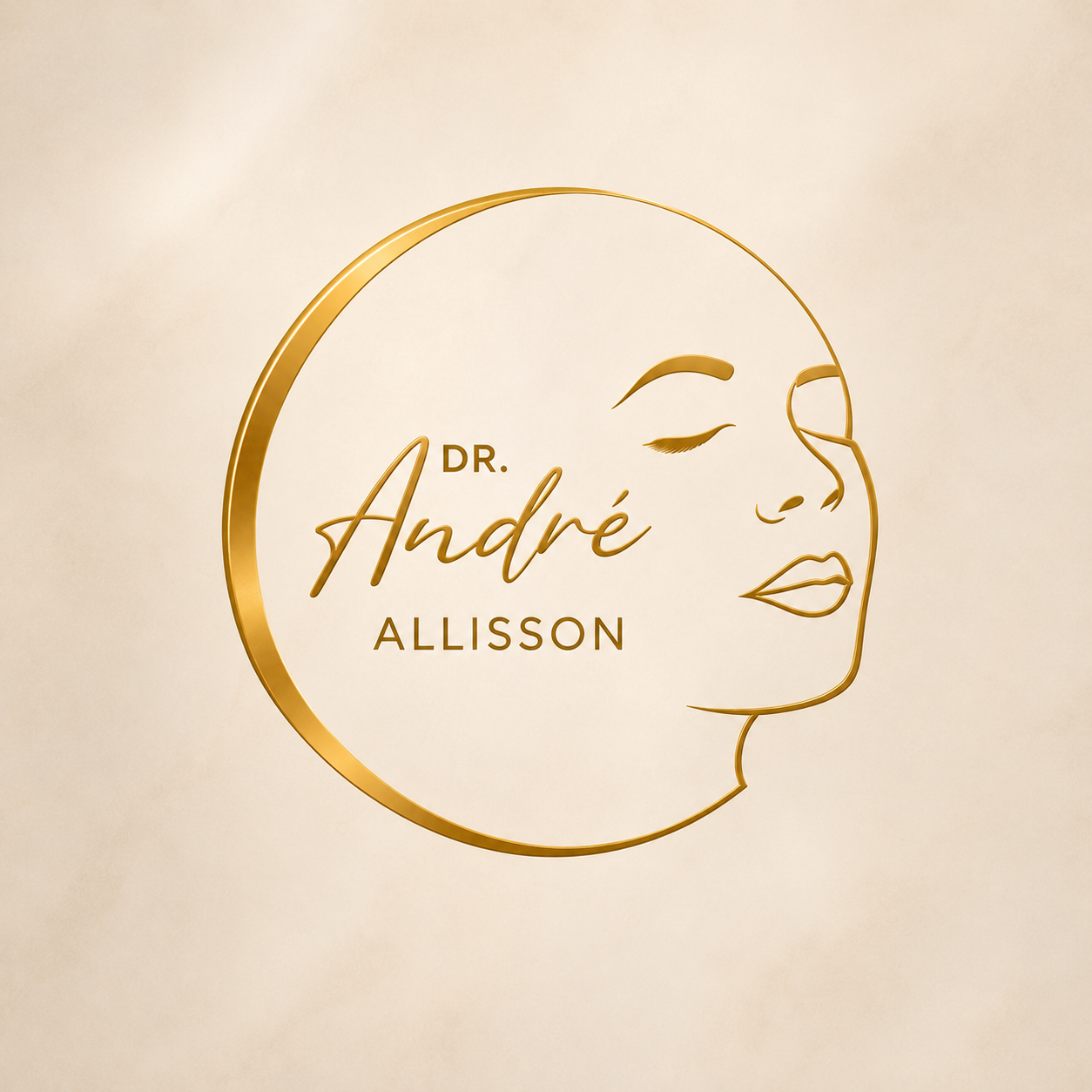 Logo dourado com o nome 'Dr. André Allisson' ao lado de uma linha artística de rosto feminino com olhos fechados e lábios.