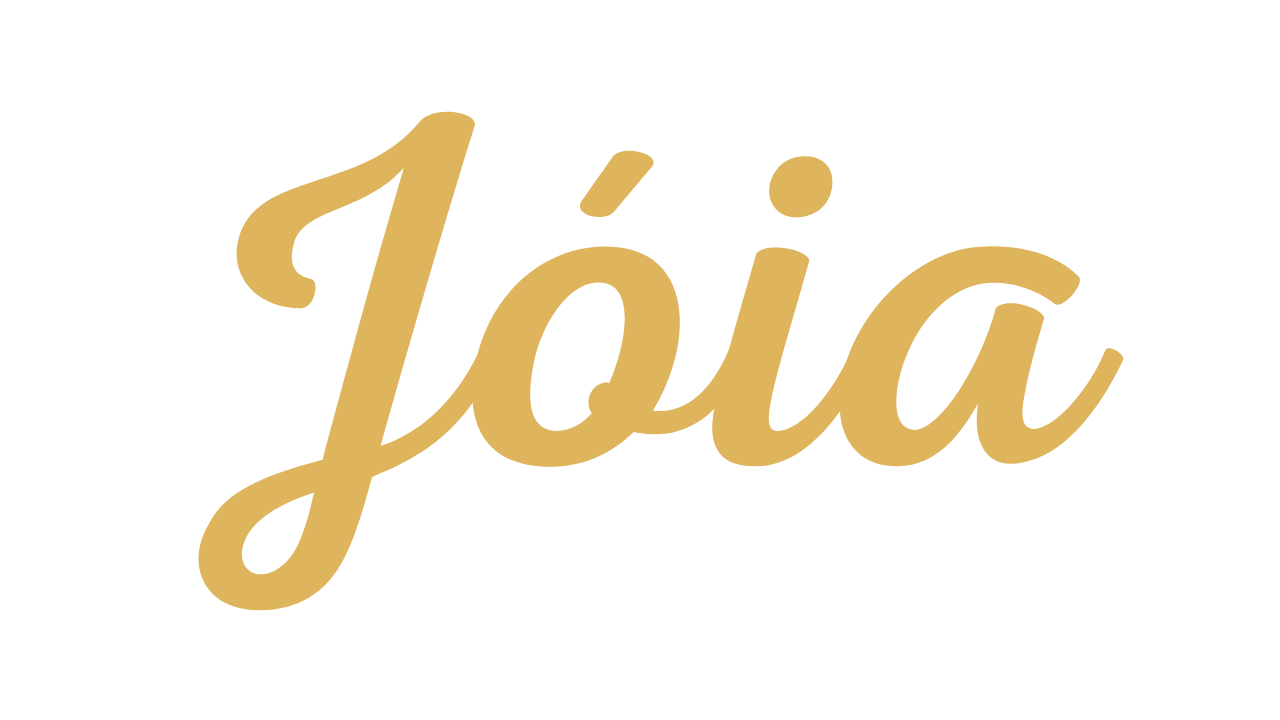 Texto escrito 'Jóia' em letra cursiva dourada sobre fundo preto.