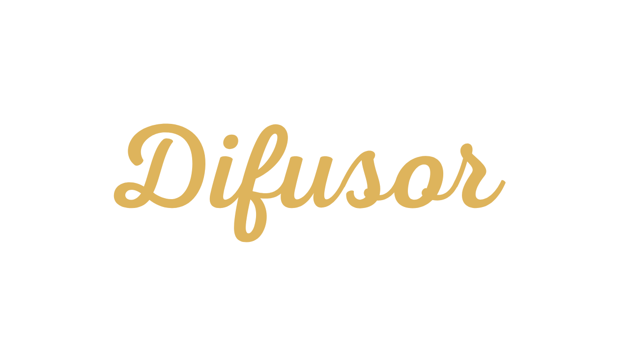 Texto escrito 'Difusor' em letra cursiva de cor dourada em fundo preto.