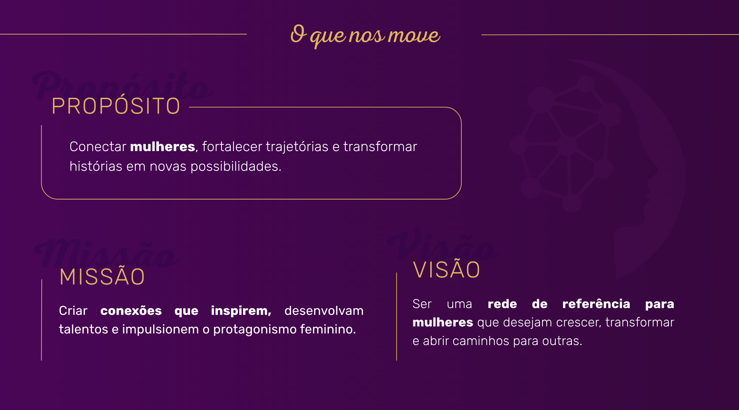 Imagem de uma apresentação ou infográfico com texto em português sobre o que nos move, incluindo tópicos como propósito, missão e visão, com fundo roxo e elementos gráficos relacionados ao cérebro e conexões