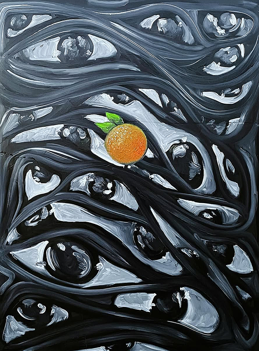 "The Miserable Inklings of Depression & Juice" /
Oil Paint on Glass /
42"x32.75" (Inches) /
2025