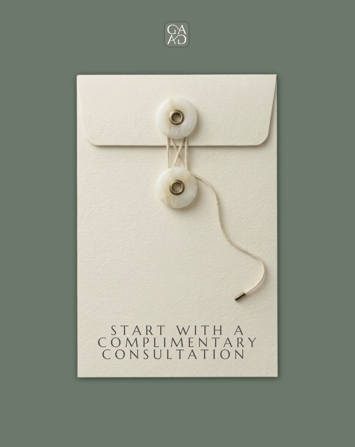 A pamphlet or flyer promoting a complimentary consultation, with a beige background and a white envelope with a string tie closure. The top displays a logo with stylized initials, and the bottom contains the text "Start with a complimentary consultation".