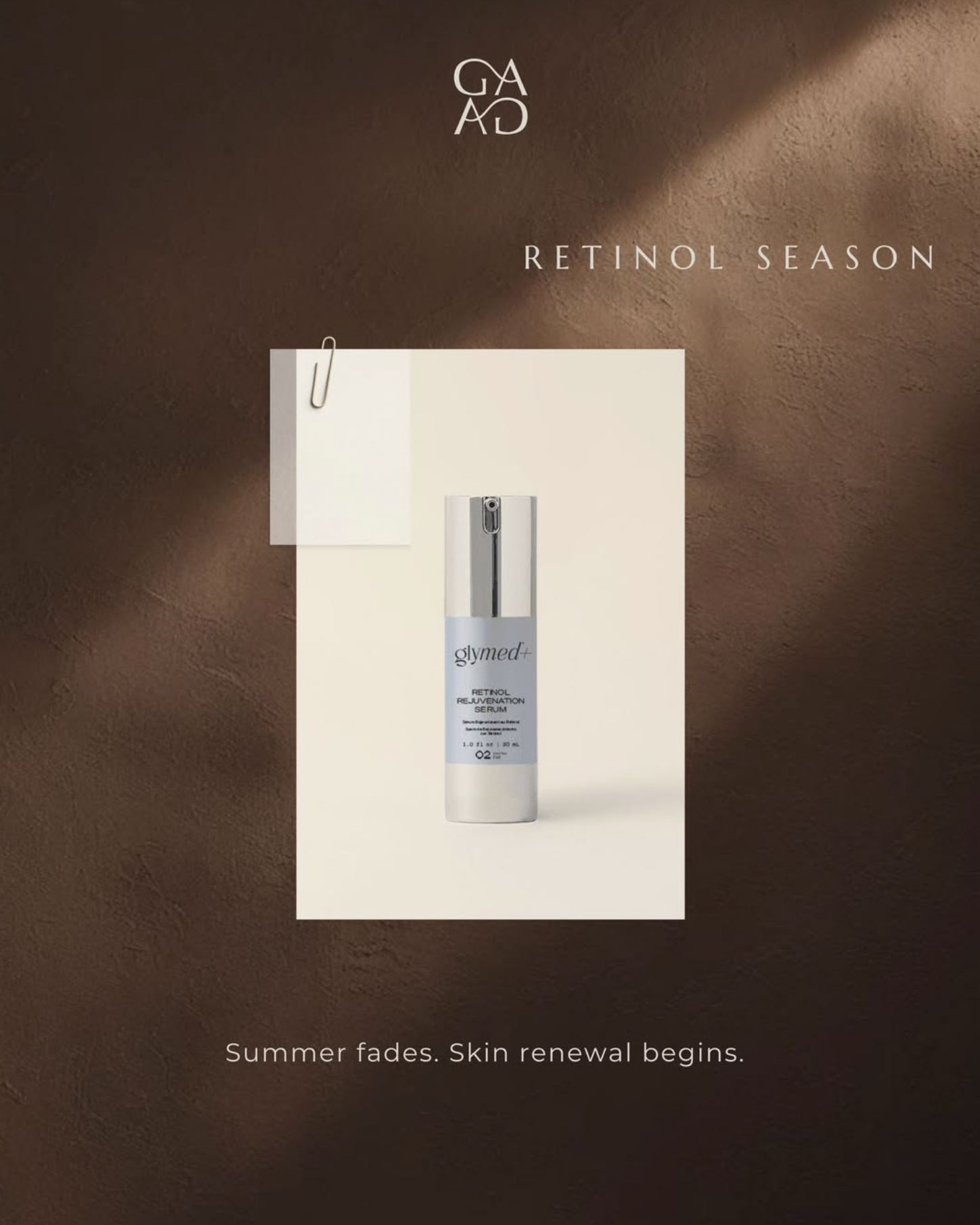 Advertisement for Glymed Retinol Rejuvenation Serum as part of a seasonal skincare campaign titled 'Retinol Season,' with a background resembling brown skin or a warm-toned surface and a white card pinned with a paperclip.