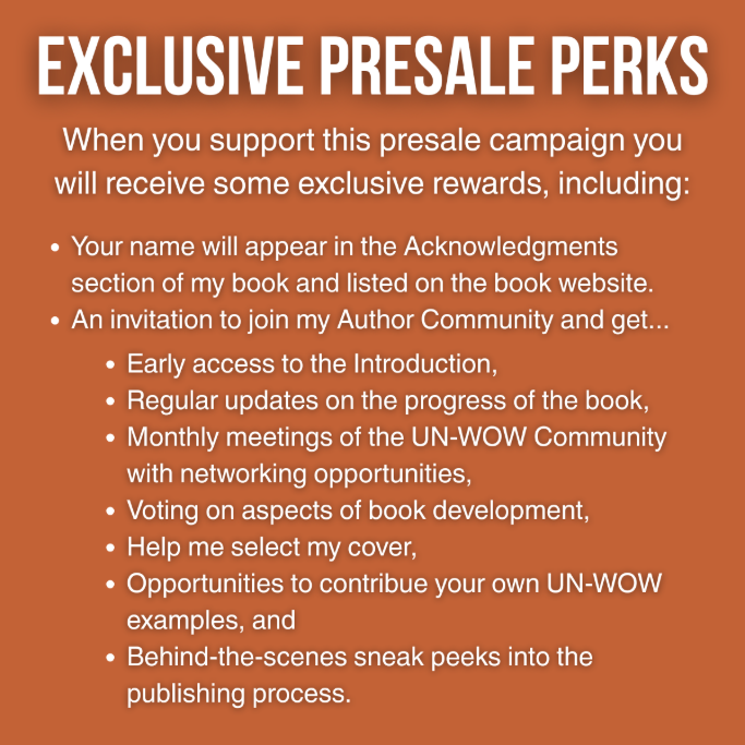 Poster advertising exclusive presale perks for supporting a presale campaign, including recognition in the book, community invitations, updates, networking opportunities, and behind-the-scenes access.