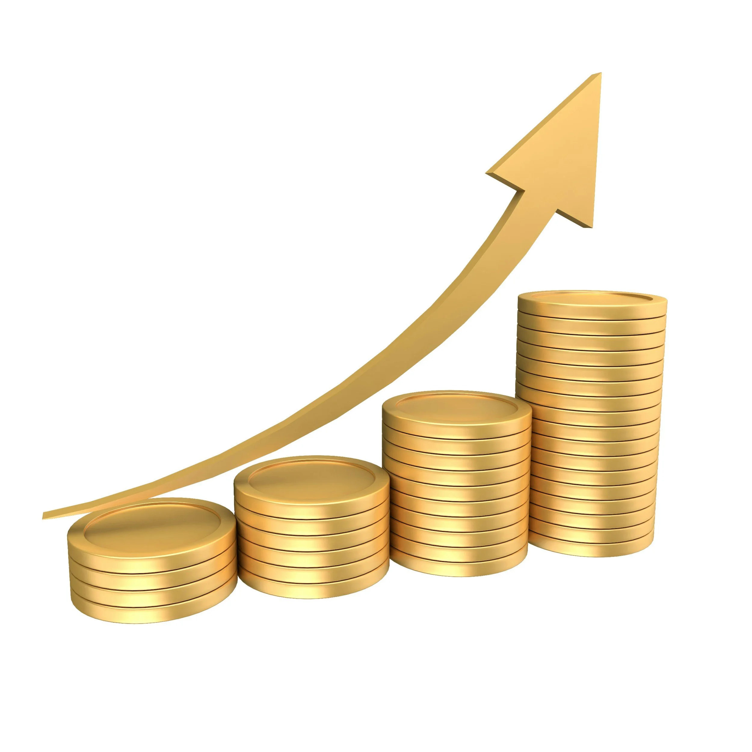 Gold coins stacked in two columns with a rising gold arrow pointing upward, indicating growth or profit.