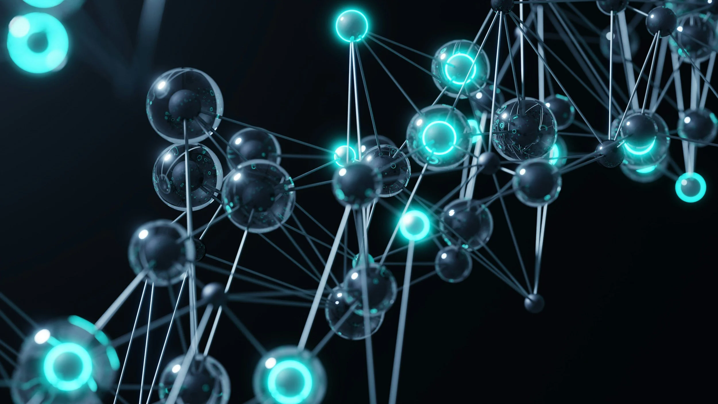 A digital illustration of interconnected molecular or neural network structures with glowing nodes and links, set against a dark background.