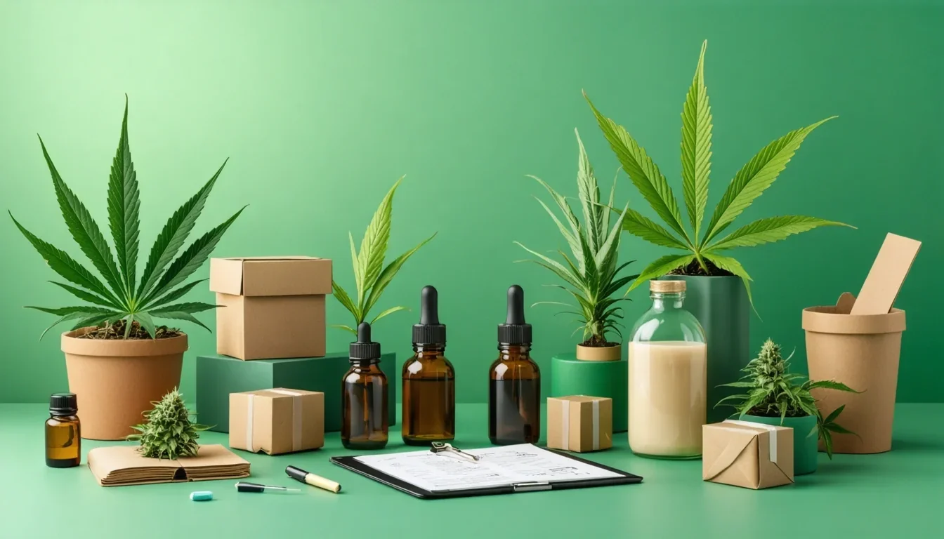 Cannabis plants, packaging, and scientific testing equipment on a green background.