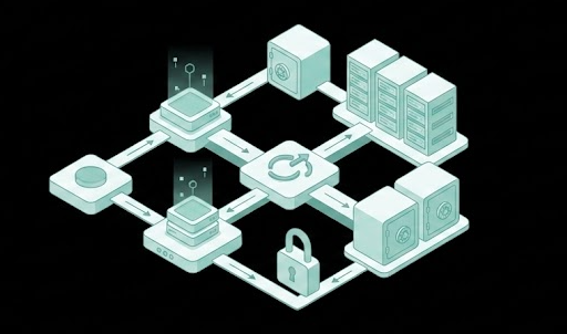 Illustration of a secure data network with interconnected servers, data storage units, and encryption icons.