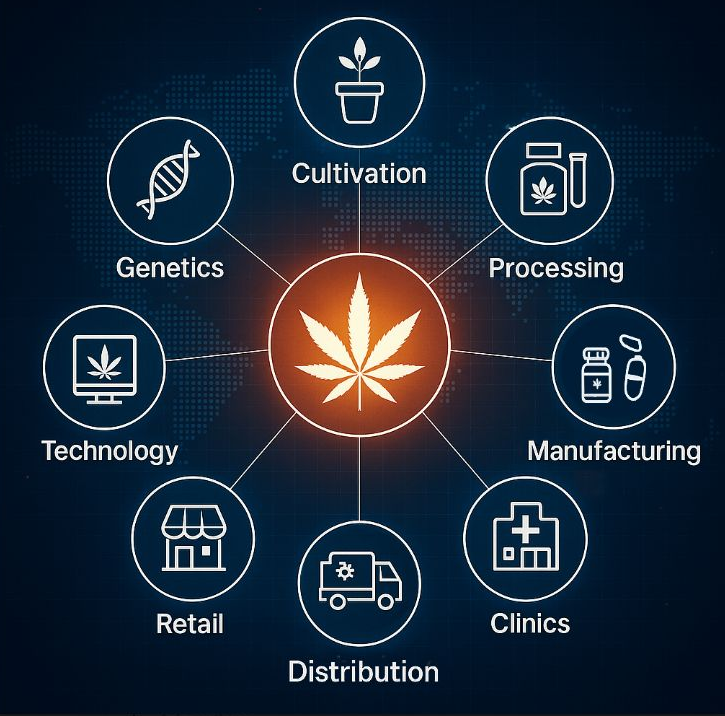 Diagram illustrating the complete cannabis industry supply chain, from cultivation to retail.