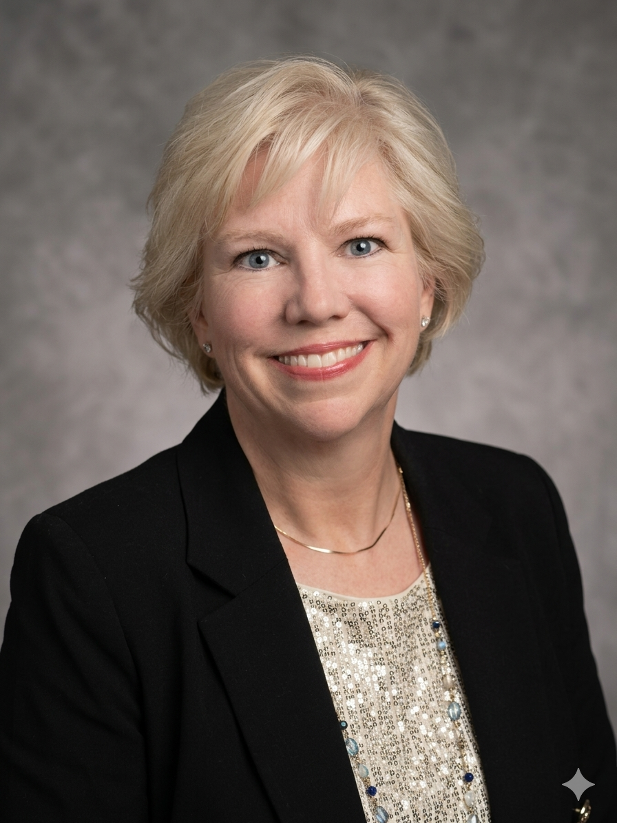 A professional woman with blonde hair wearing a black blazer and a light-colored sequin top, smiling at the camera.