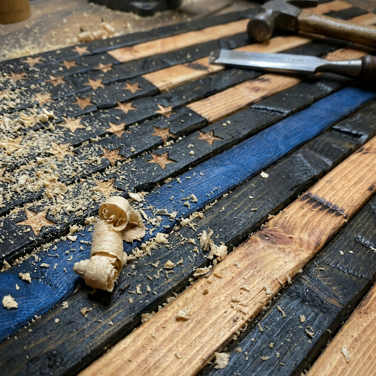 A woodworking project in progress featuring a wooden American flag, with black and natural wood stripes and carved star shapes, surrounded by wood shavings and wood carving tools.