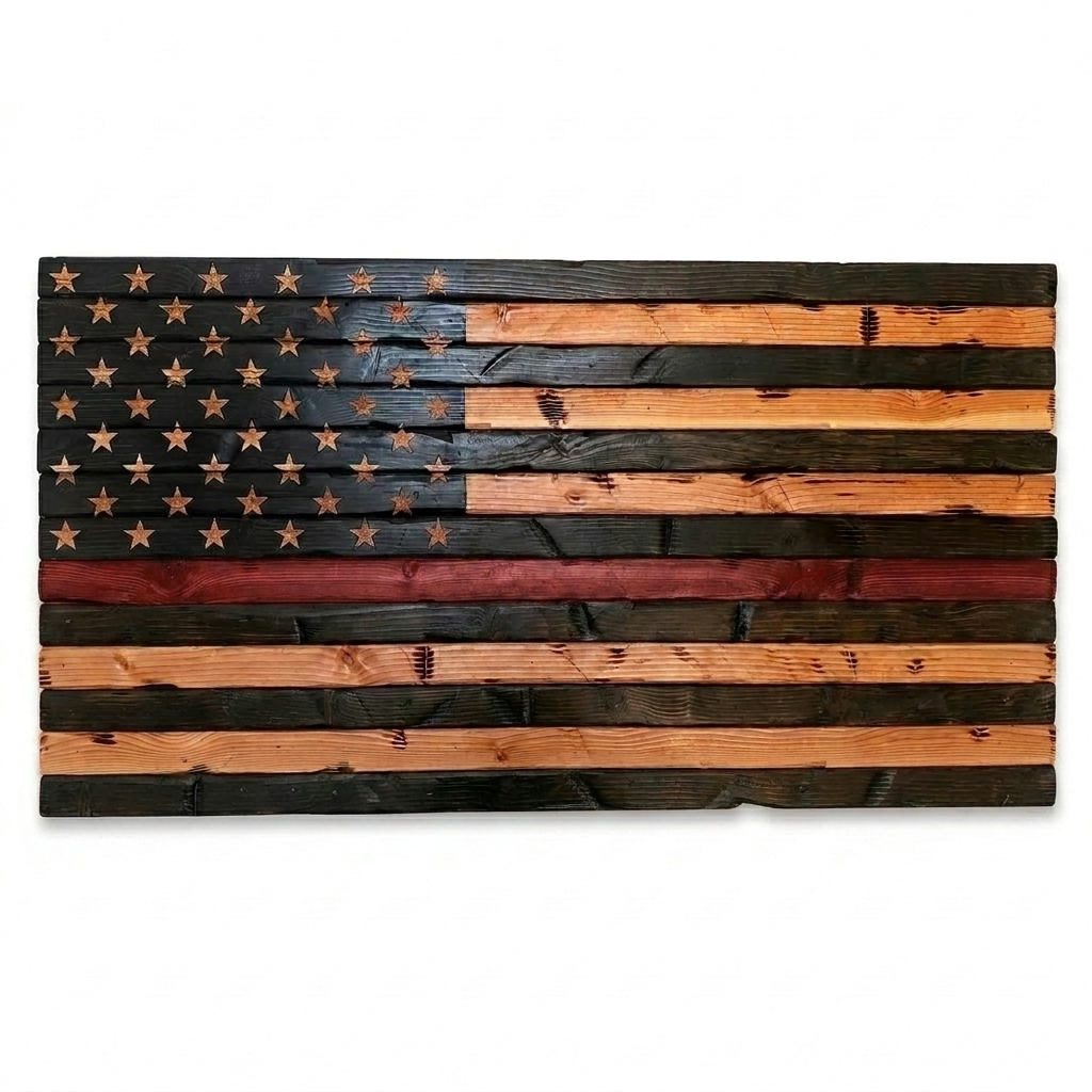 Hand Carved Wood Thin Red Line Flag