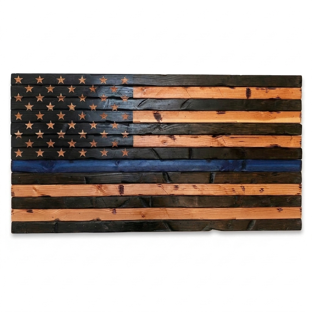 Hand Carved Wood Thin Blue Line Flag
